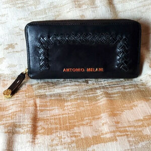 Womans Antonio Melani Signature Black Leather Braided Zip Around Wallet